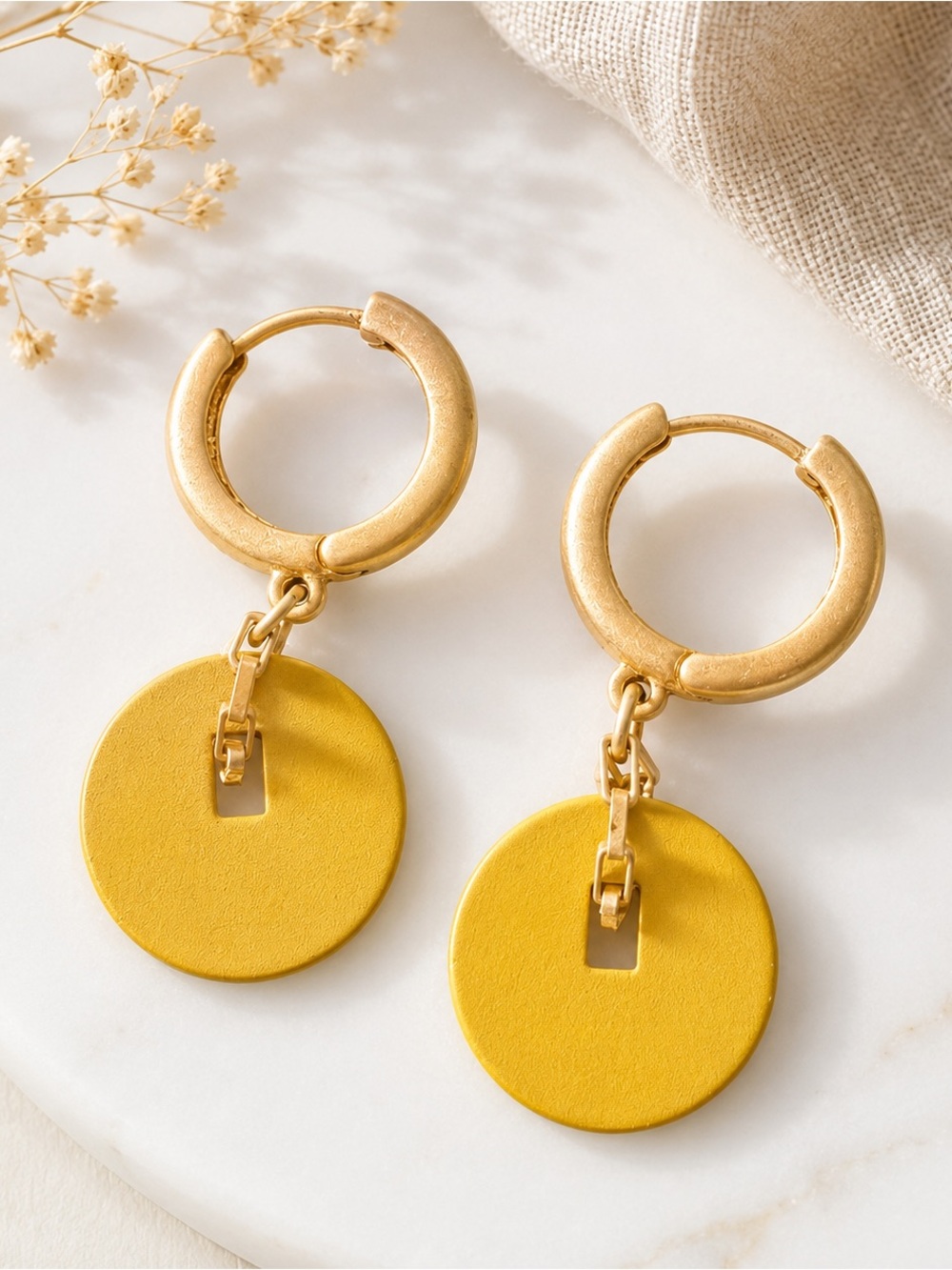 3/30 ✨✨ Gold Hoop Earrings with Yellow Disc Pendants